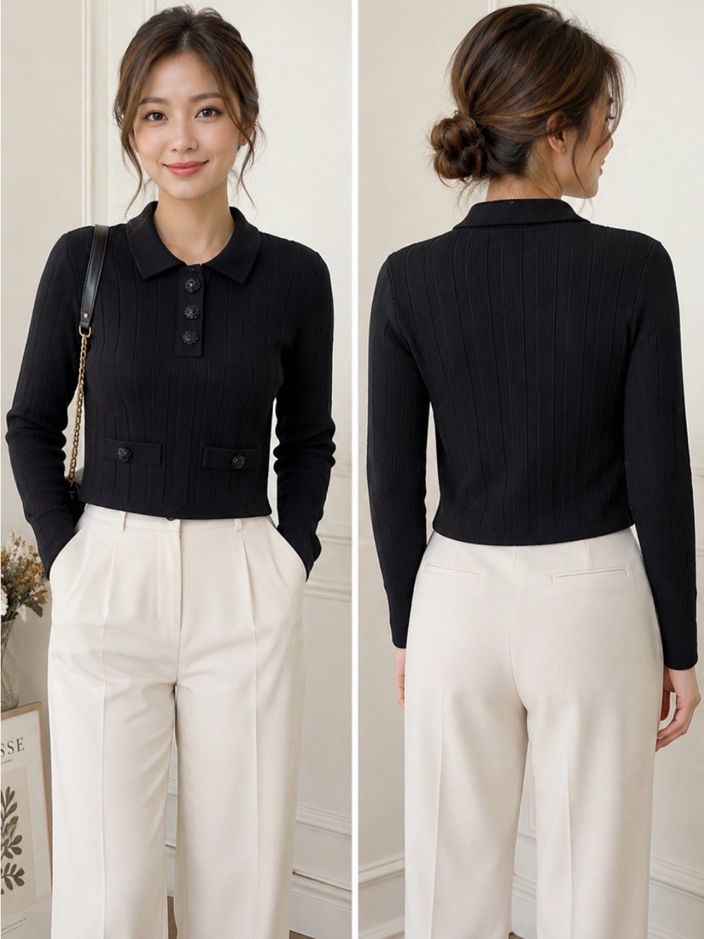 Endless Rose Black Rib Knit Collared Cardigan Sweater Beaded Buttons Size M